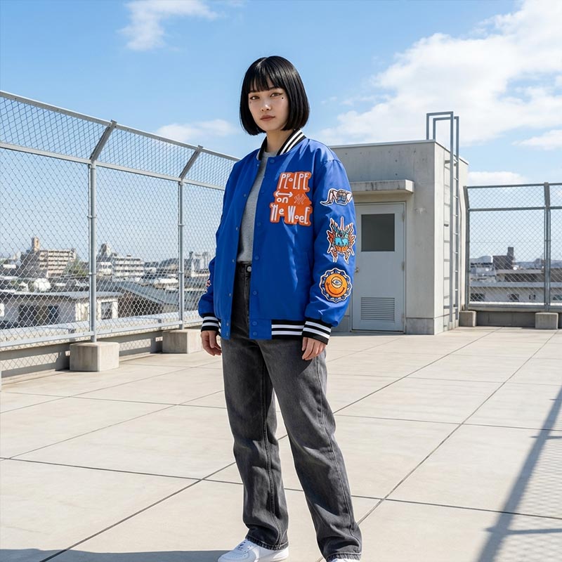 Person wearing a woman japanese bomber jacket with colorful designs on a rooftop with a cityscape background