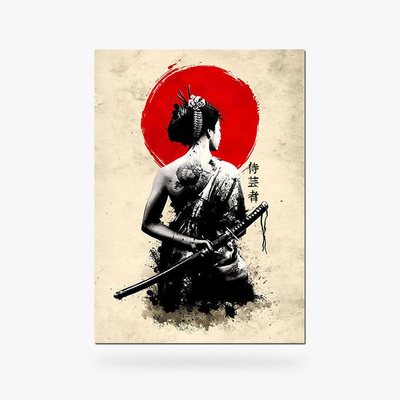 This woman Japanese painting is set in a wooden frame on a chest of drawers for a unique Japanese decoration.