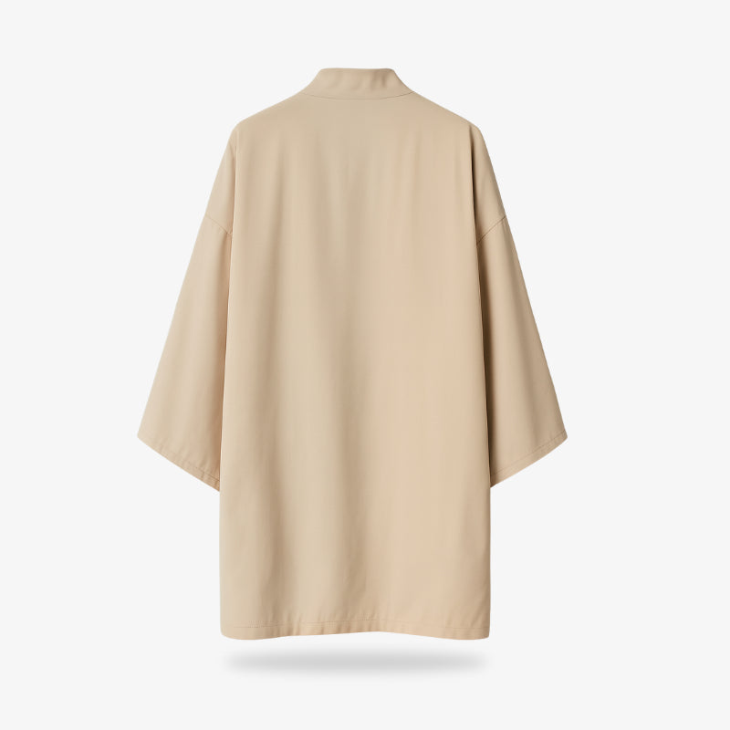 back of a Beige women kimono jacket on a white background
