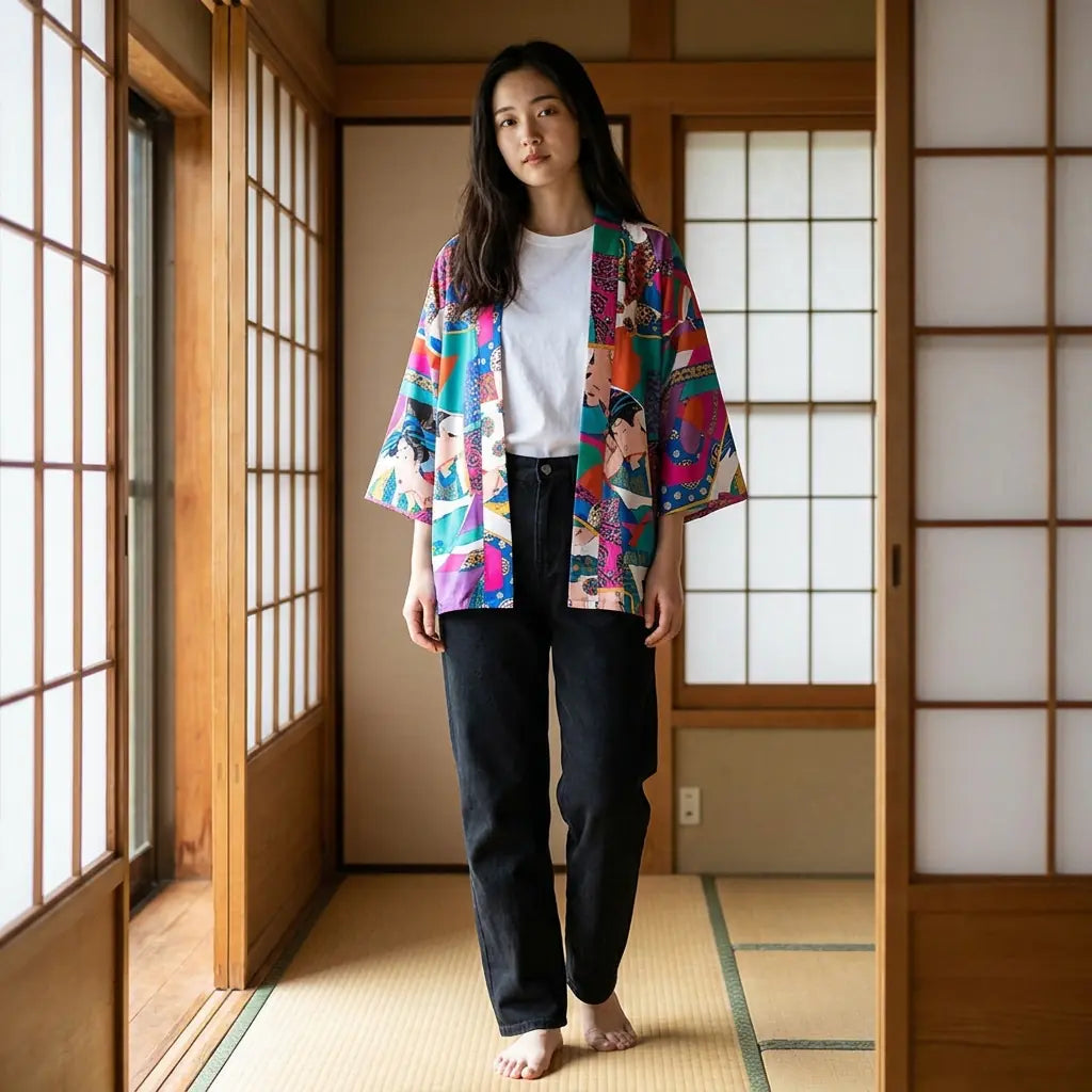 Woman wearing a ukiyo-e kimono in a washitsu room with tatami and shoji screens