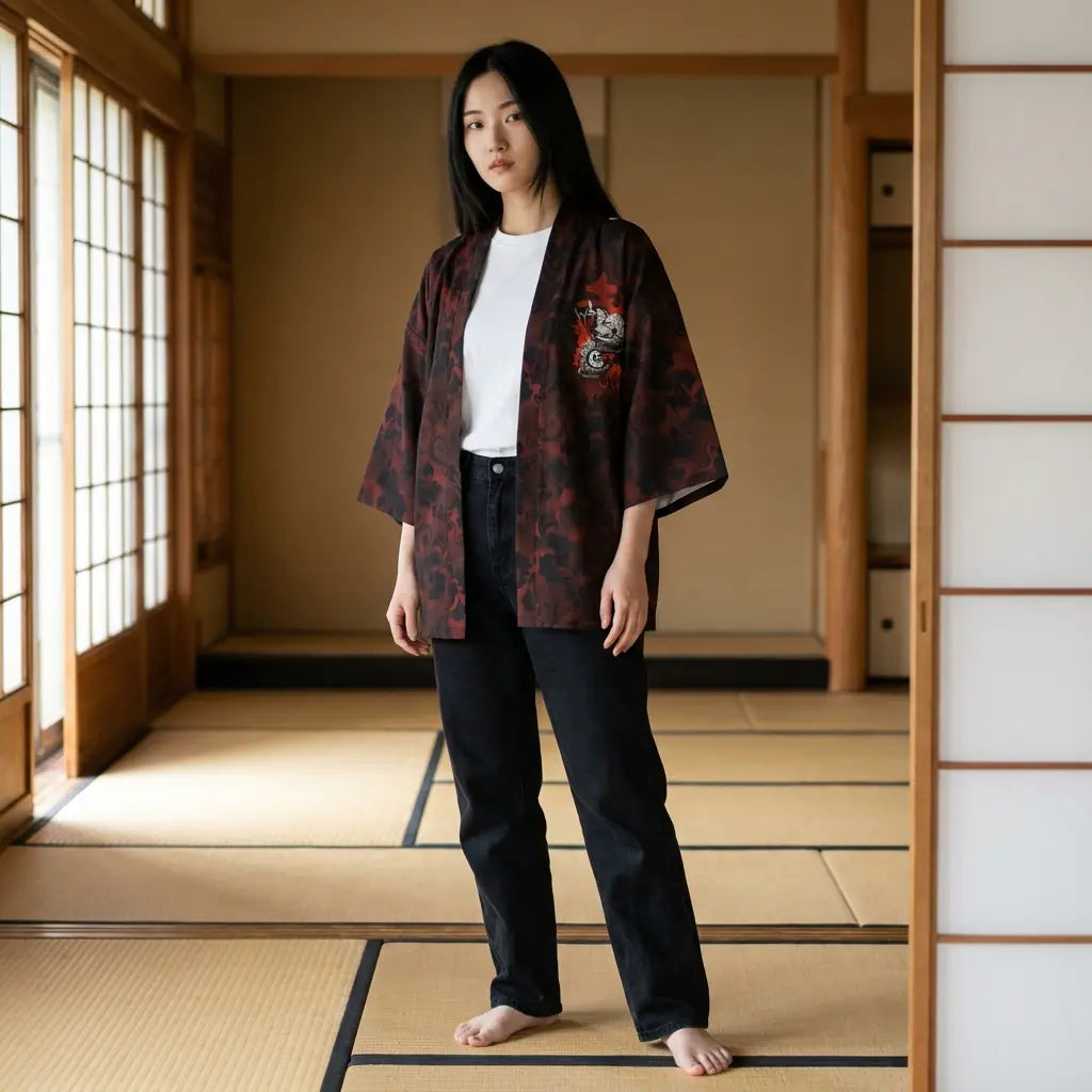 Woman wearing a samurai jacket in a washitsu room with tatami and shoji screens