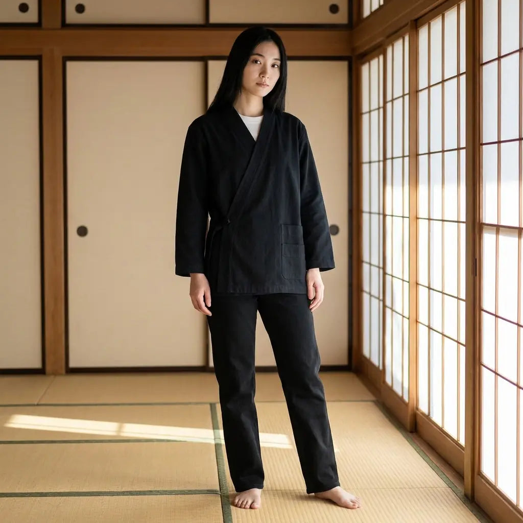Woman wearing a japanese samue in a washitsu room with tatami and shoji screens