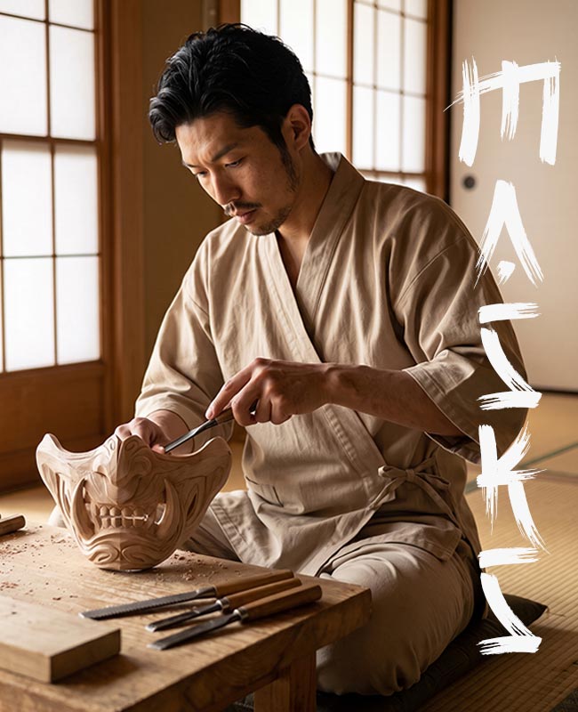 A craftsman carving a wooden samurai menpo mask with a chisel on his workbench, surrounded by his carving tools