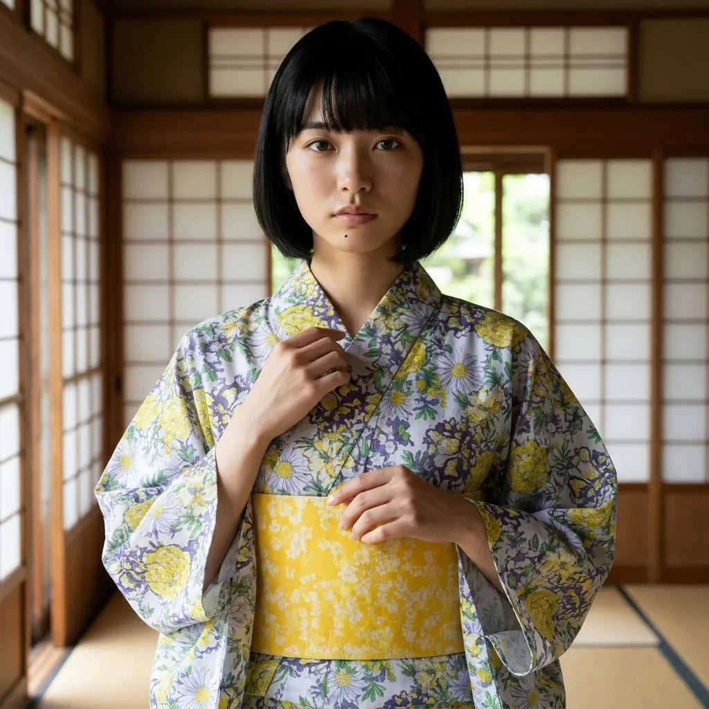 Back view of the yellow floral kimono showing obi-style waist tie and flowing hem