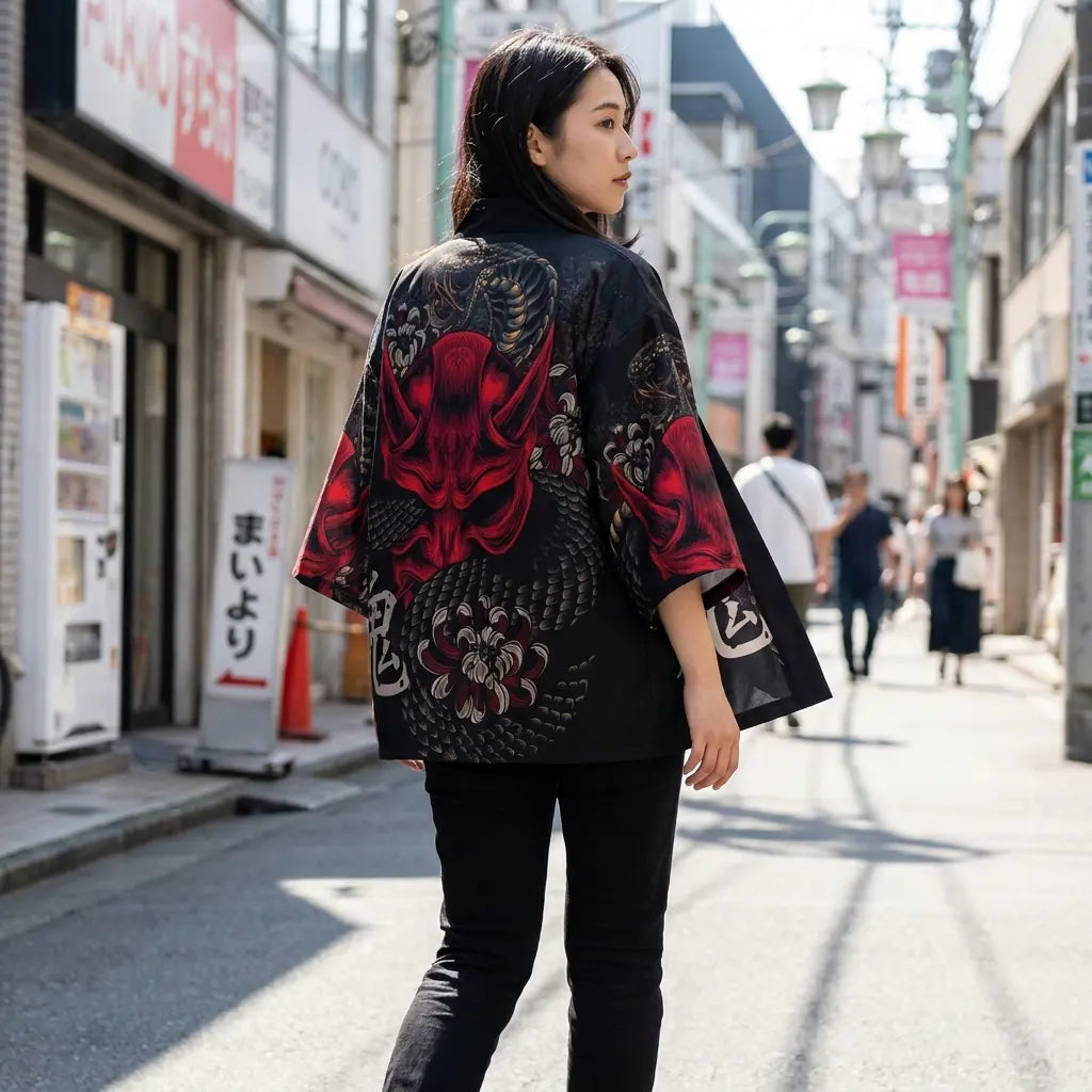 Woman seen from behind wearing a yokai kimono in a Harajuku street