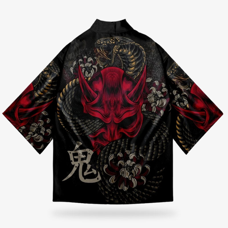 this black and red design japanese jacket is a Yokai kimono with motifs of Japanese supernatural Oni demon and snake, blending folklore with contemporary style.