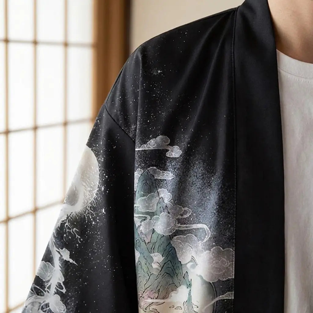 Close-up of the printed fabric and sleeve of a yume yukata