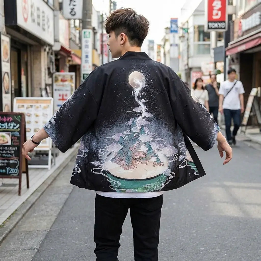 Back view of a yume yukata worn in a Harajuku street, showing the full print