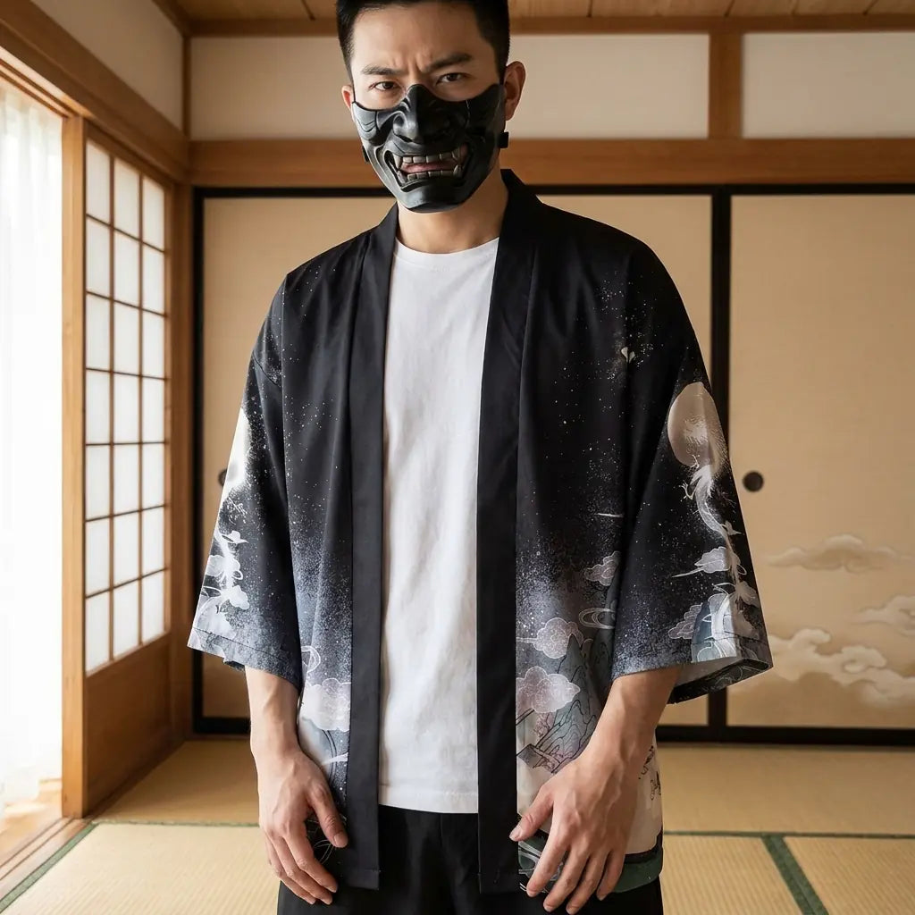 Man wearing a yume yukata in a Japanese washitsu room with shoji screens, waist-up front view
