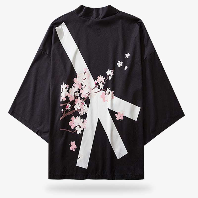 Men's floral kimono jacket with a white and pink floral pattern. The color is black with sakura pattern