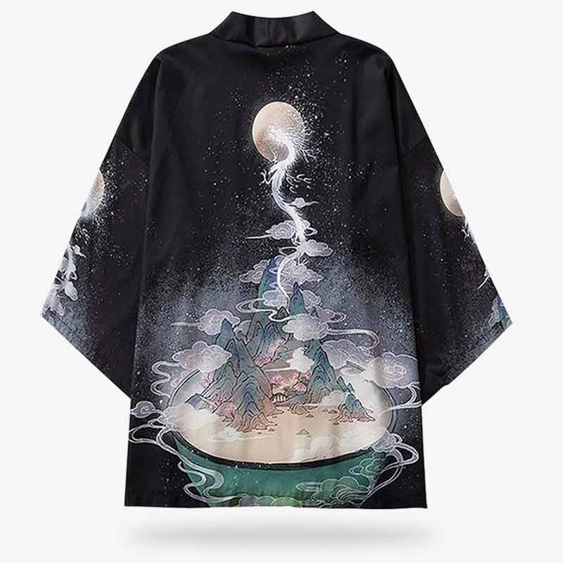 A blackYume Yukata kimono jacket with a dragon and moon motif against a night sky background.