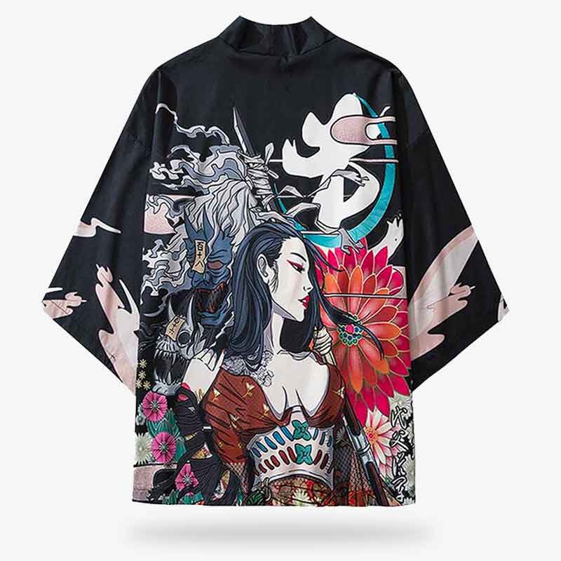 A black Anime haori kimono jacket with a design of a demon oni and a woman samurai printed on the front.