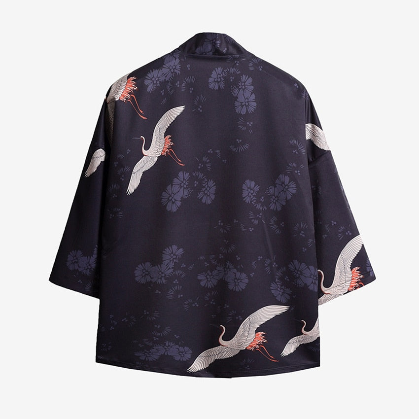 a japanese kimono jacket mens sale wit tsuru cranes patterns and sakura patterns flowers