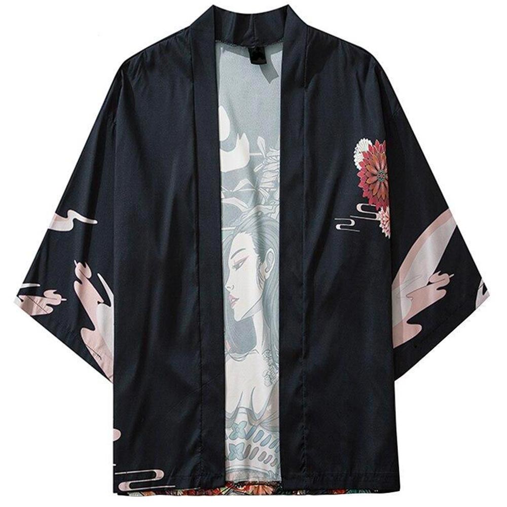 A black kimono haori anime with japanese patterns