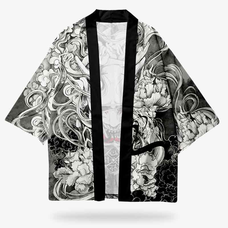 a men kimono jacket haori with a demon printed on cotton material
