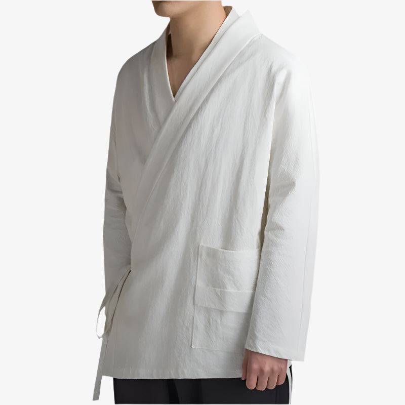 this white Japanese clothing samue with timeless design, often used for meditation, craft, or minimalist fashion. The samue shirt is made with cotton and linen