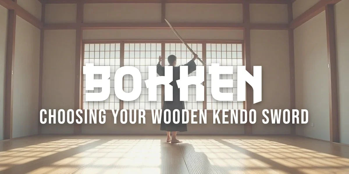 Kendoka in keikogi and hakama holding a wooden bokken in the chudan guard inside a Japanese dojo