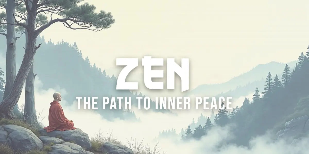 Ink painting of meditating monk beneath ancient pines in misty mountain landscape