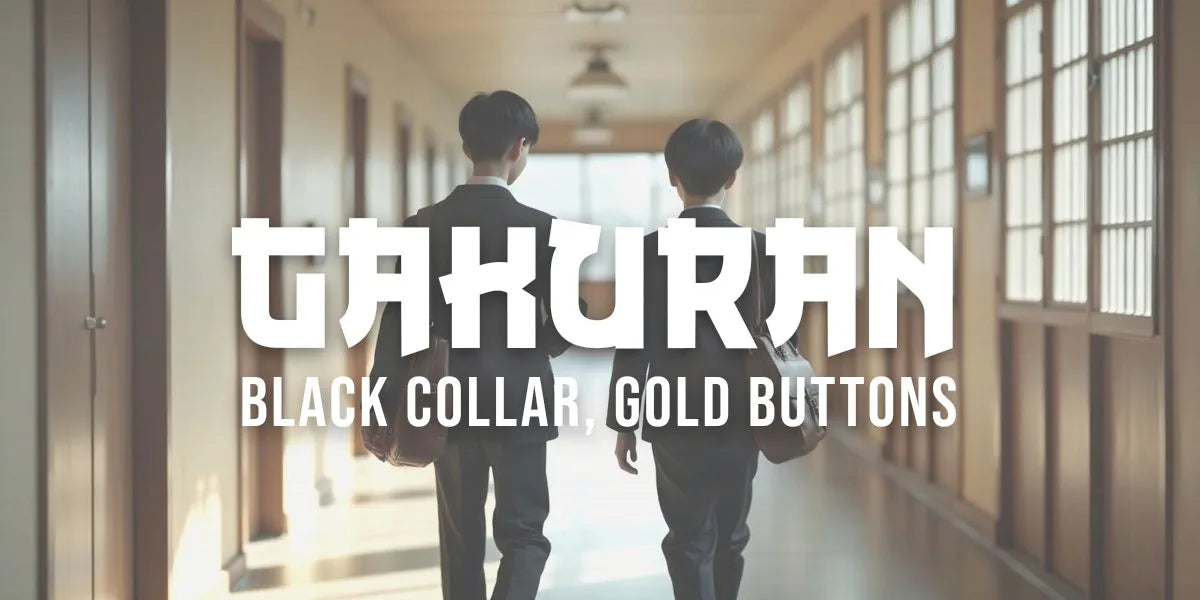 Two schoolboys in black gakuran uniforms with stand-up collars and gold buttons walking a corridor