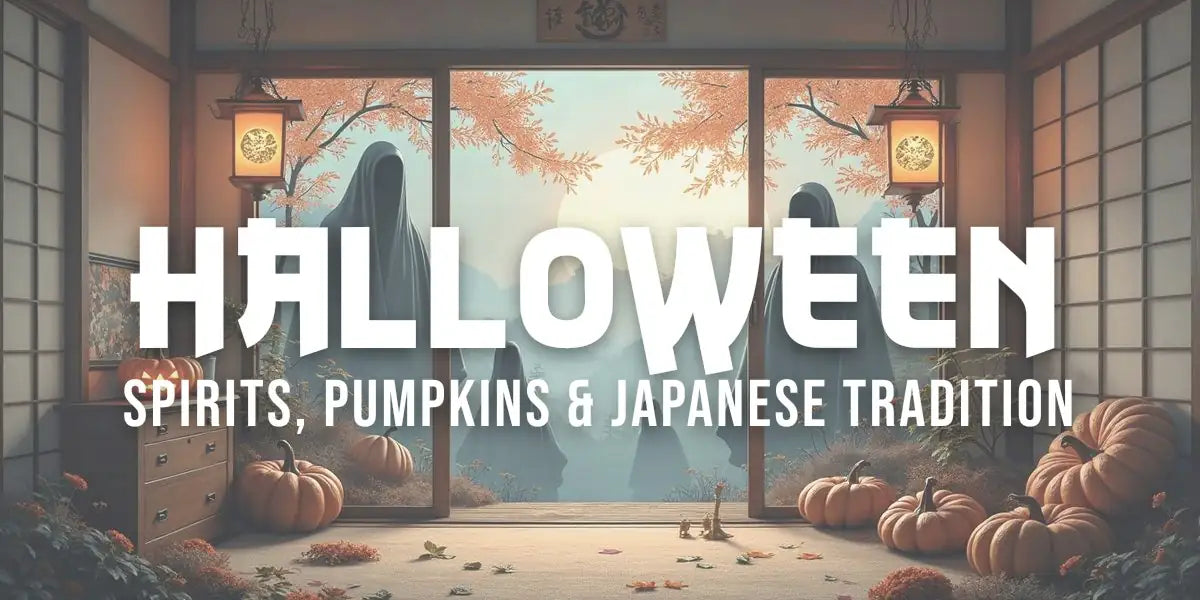 Traditional Japanese ukiyo-e artwork depicting Halloween yokai spirits and pumpkins in autumn mist