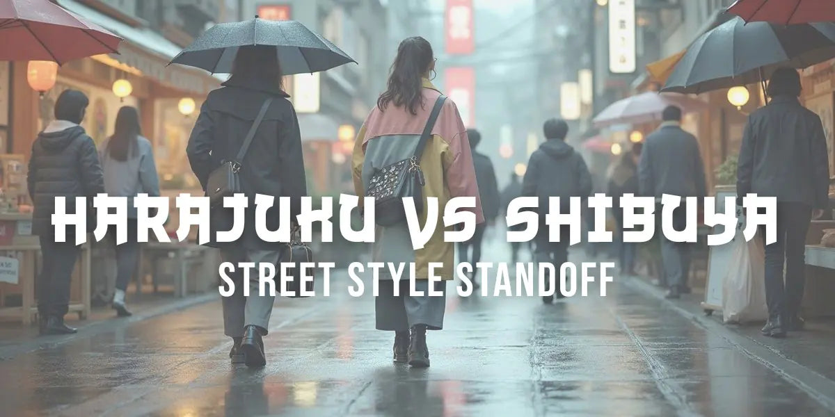 A figure in vibrant layered Harajuku style passes a minimalist Shibuya aesthetic wearer on a rainy Tokyo street