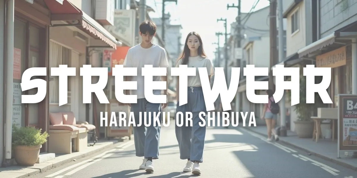 Two friends in wide-leg Japanese streetwear pants walking a Harajuku street in daylight