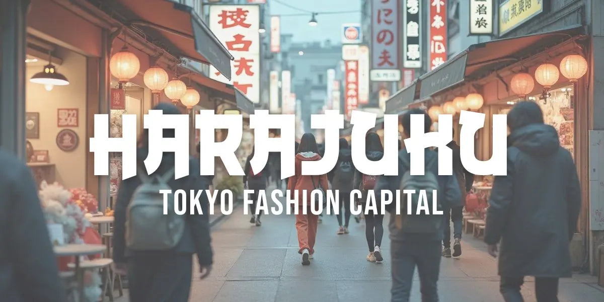 Busy Harajuku street with young people in trendy fashion, colorful storefronts and neon signage in daylight