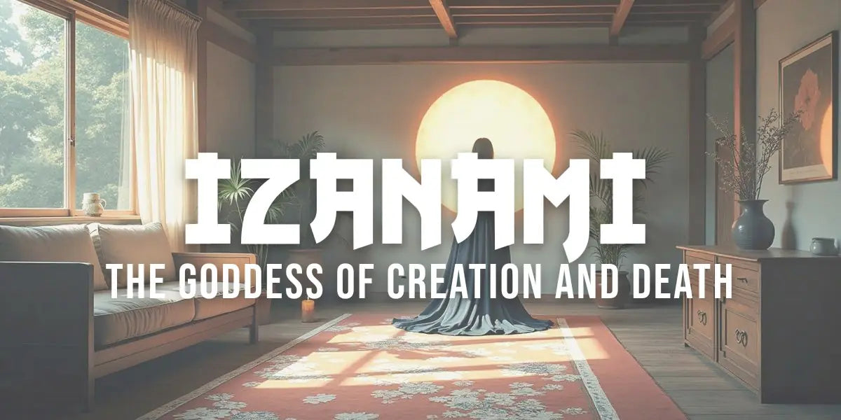 Traditional ukiyo-e style portrait of Izanami Japanese goddess shrouded in mystical darkness and flame