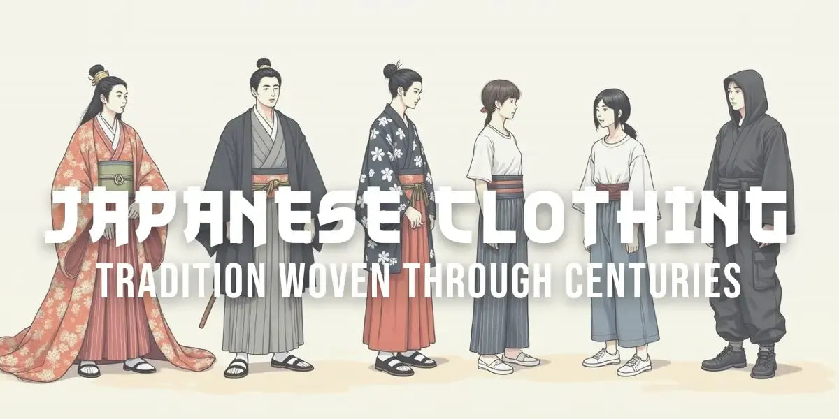 Ukiyo-e style frieze showing Japanese dress evolving from a layered Heian court robe to modern black techwear