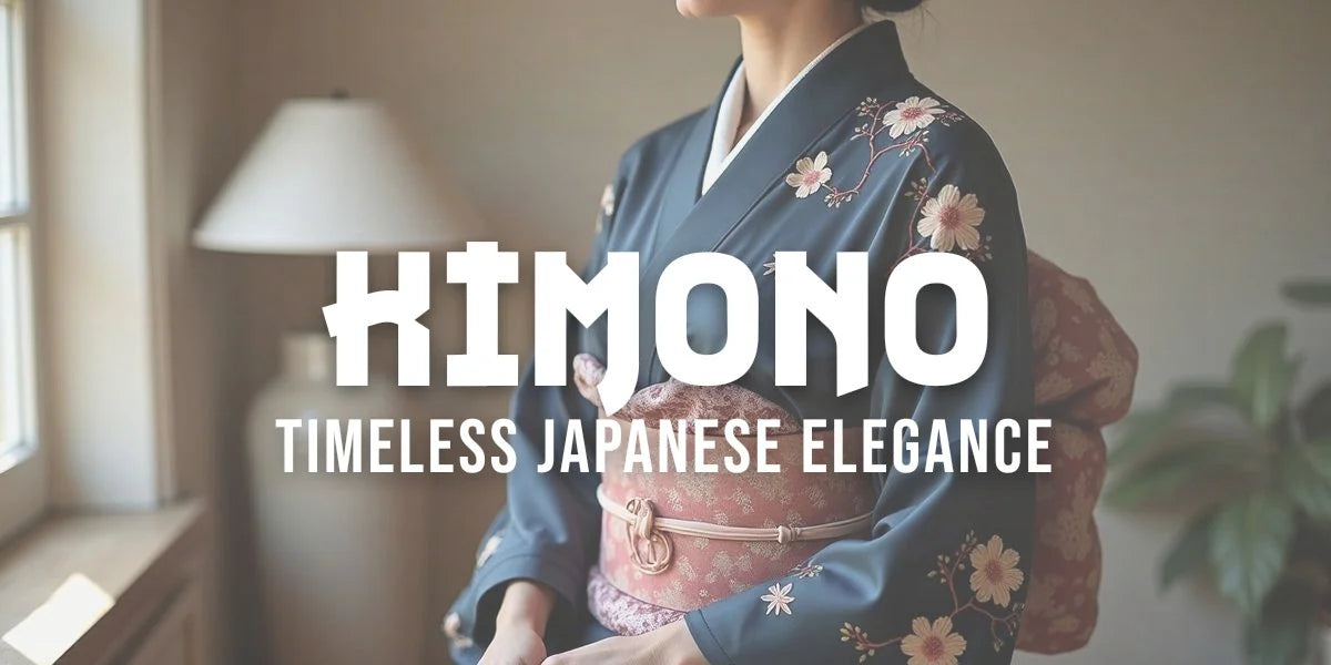 Close-up of woman wearing indigo silk kimono with plum blossoms, adjusting ornate gold brocade obi belt.