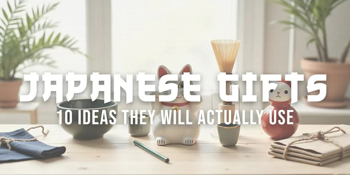 Japanese gift ideas laid out on a wooden table