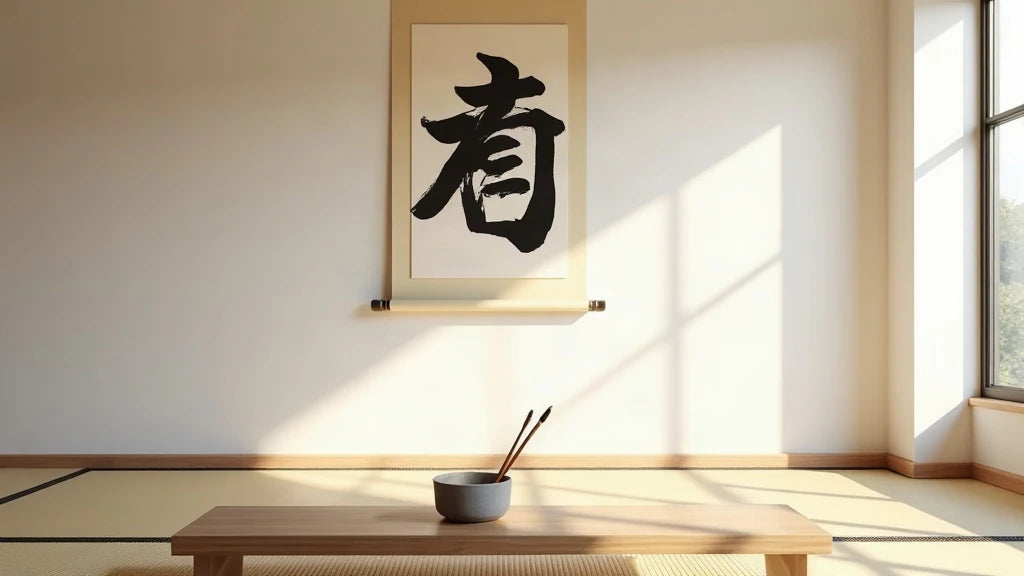 Traditional hand-painted kanji 英 scroll hanging in a minimalist Japanese interior