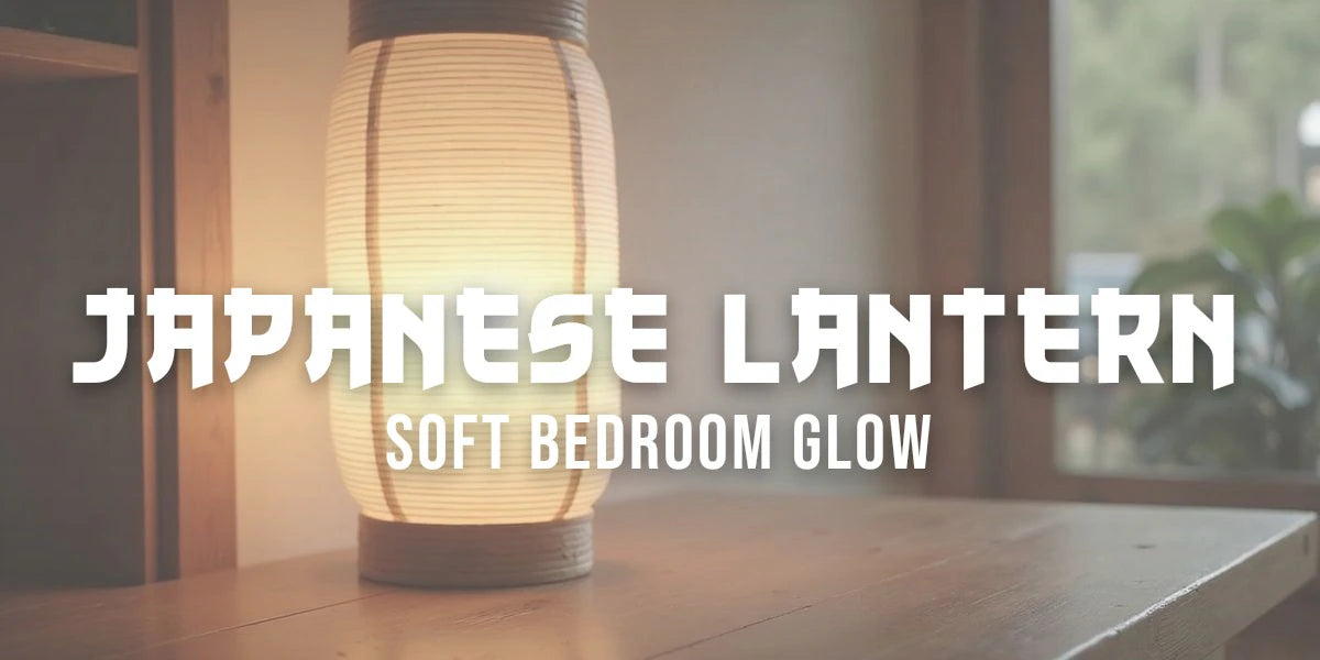 Cylindrical white paper lantern with bamboo ribbing glowing softly above wooden table in minimal bedroom