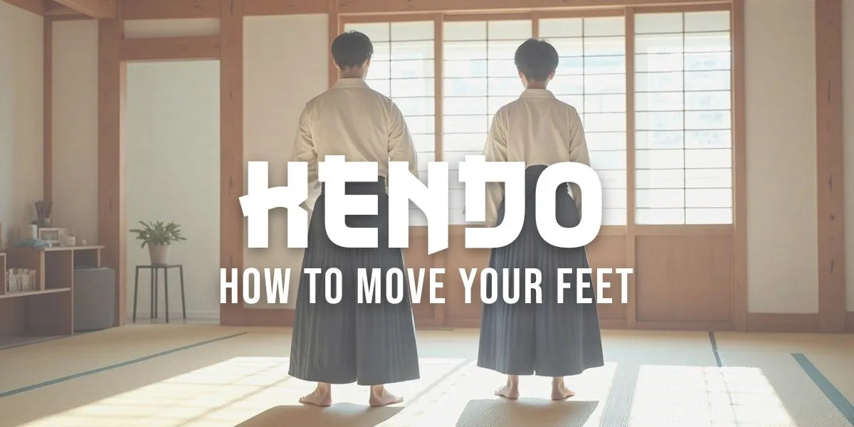 Two barefoot kendo practitioners in indigo hakama sliding across a bright dojo floor