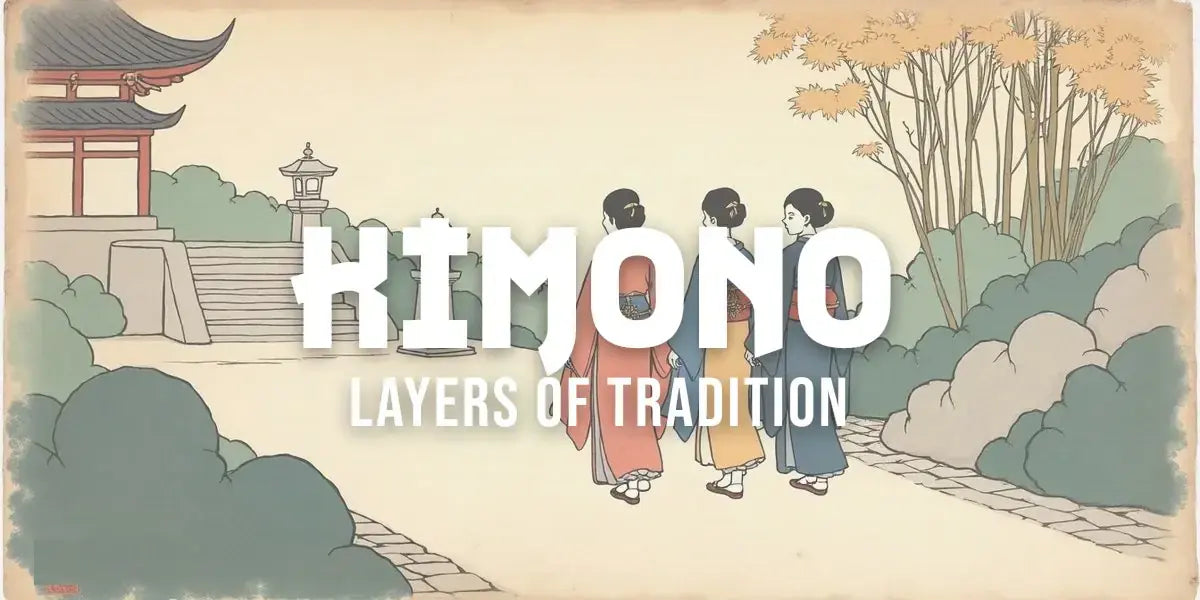 Vintage Japanese woodblock print of women in layered kimono walking through a temple garden