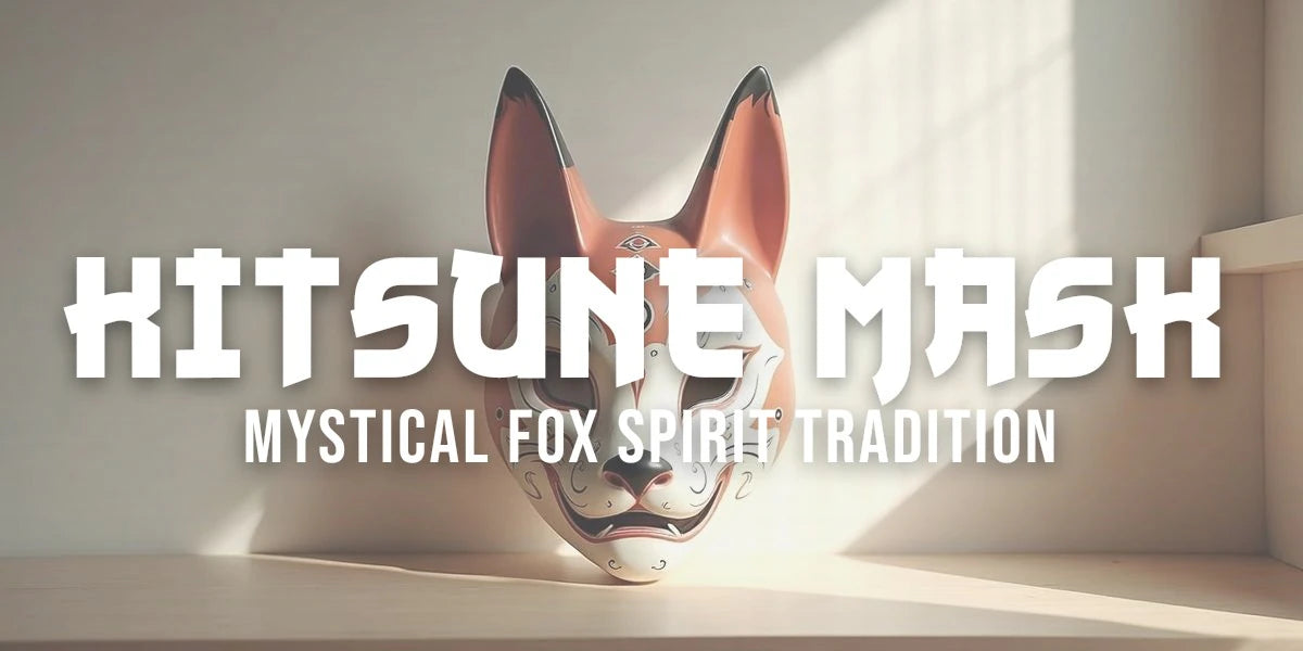 Traditional red and white kitsune fox mask with painted details and spiritual symbolism
