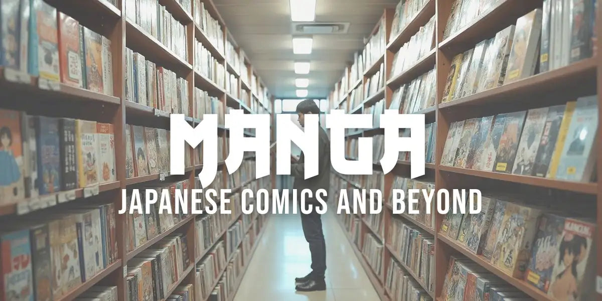 Aisle of a Japanese manga bookshop, shelves packed with manga volumes, a customer reading
