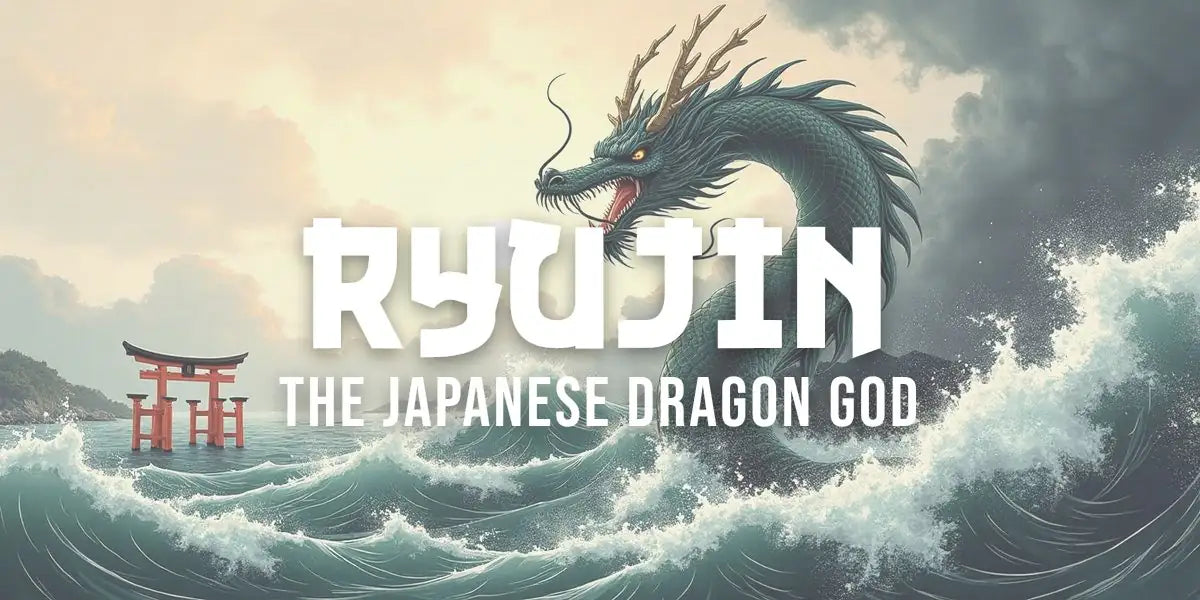 Ukiyo-e style illustration of Ryujin, the Japanese dragon god, rising from a stormy sea beside a red torii gate