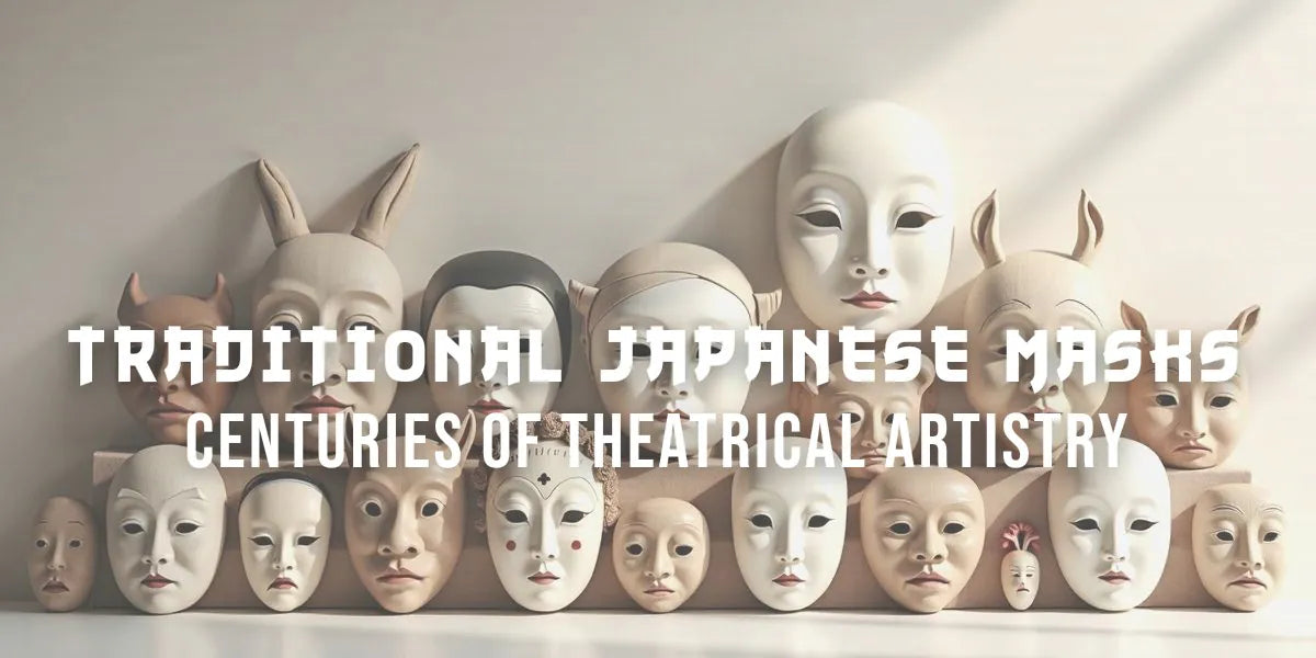 Collection of fifteen authentic traditional Japanese masks displayed showing Noh theater and Oni designs