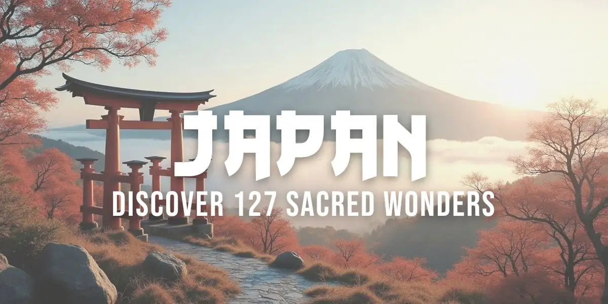 Mount Fuji snow-capped peak above misty valleys with traditional red torii gate in golden sunlight