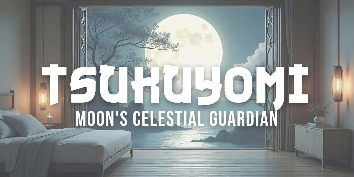 Traditional sumi-e ink painting of Tsukuyomi, Japanese moon god, in ethereal moonlight