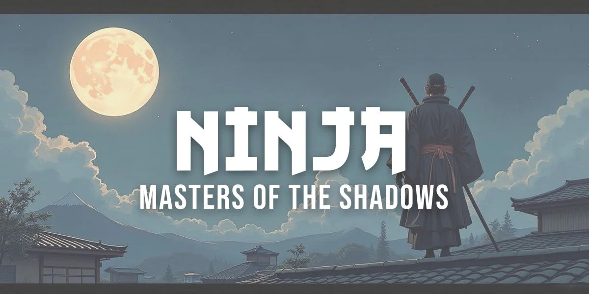 A ninja silhouette on a rooftop at night, rendered in traditional Japanese sumi-e ink painting style against a moonlit sky.