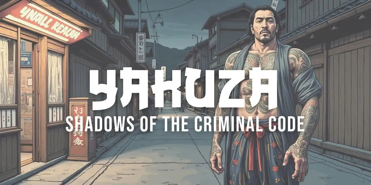 Traditional Japanese ink painting of yakuza boss with elaborate full-body tattoos and menacing presence