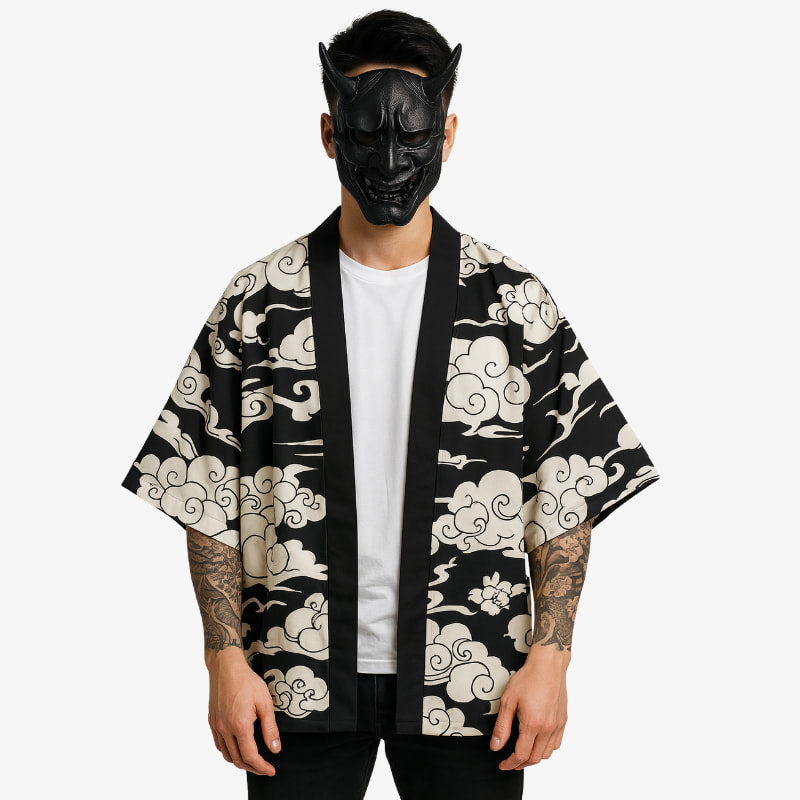 Person wearing a black Haori jacket printed with white cloud-patterned kimono with a black oni mask on a white background
