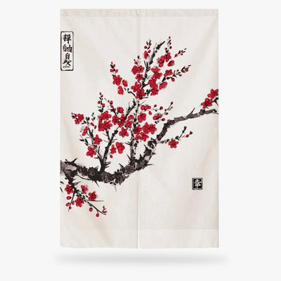Decorative Curtain Japanese Style panel with red sakura floral design and black text on a white background