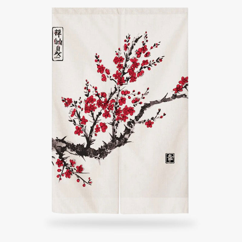 Decorative Curtain Japanese Style panel with red sakura floral design and black text on a white background
