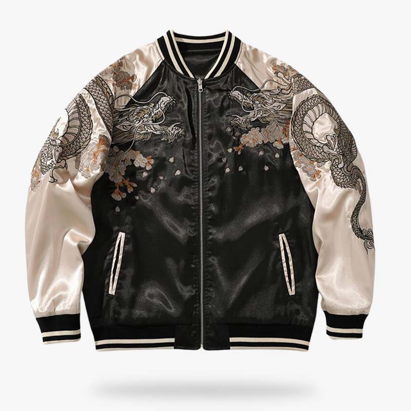 This Japanese bomber Dragon embroidered jacket is a sukajan jacket with two dragons embroidered on the shoulders.