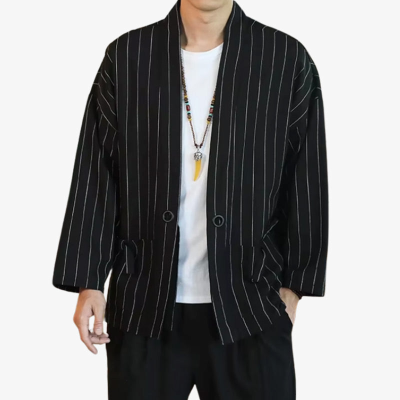 Haori jacket men’s style with a refined silhouette inspired by traditional Japanese layering, ideal for elegant and modern outfits.