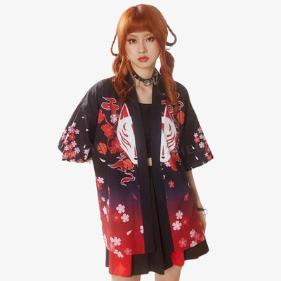 Haori jacket for women with a minimalist Japanese design of a white kistune mask, offering elegant layering inspired by traditional kimono styles.
