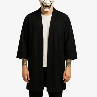 a black Haori jacket inspired by traditional Japanese outerwear, perfect for layering with both casual and formal outfits.